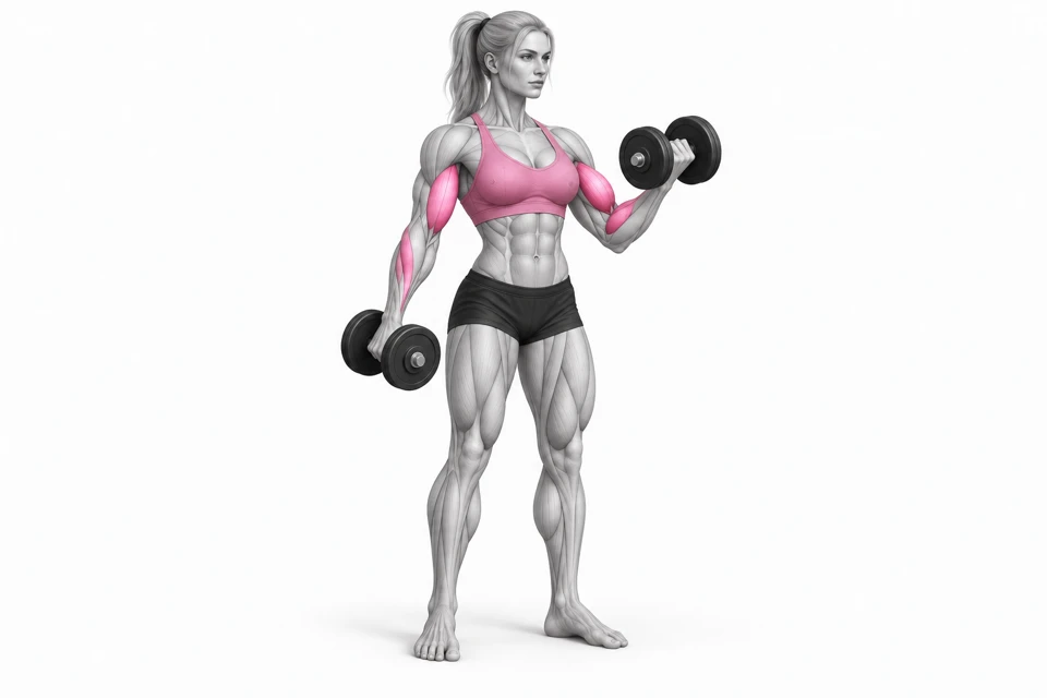 Modelo ilustrado feminino demonstrando exercício com halteres