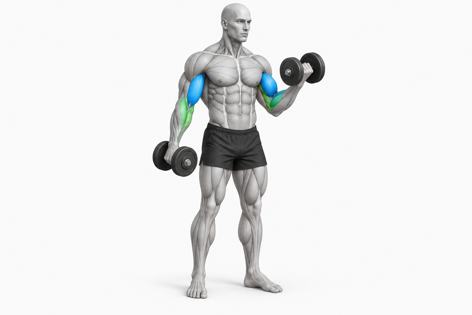 Modelo ilustrado masculino demonstrando exercício com halteres